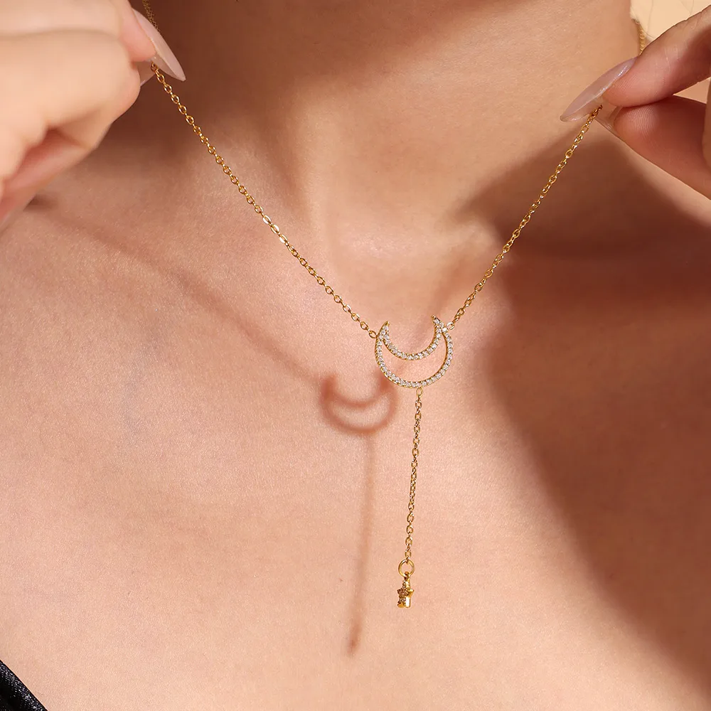 Wholesale Jewelry Elegant Luxurious Vacation Moon Titanium Steel Rhinestones 18K Gold Plated Plating Jewelry Set display picture 5