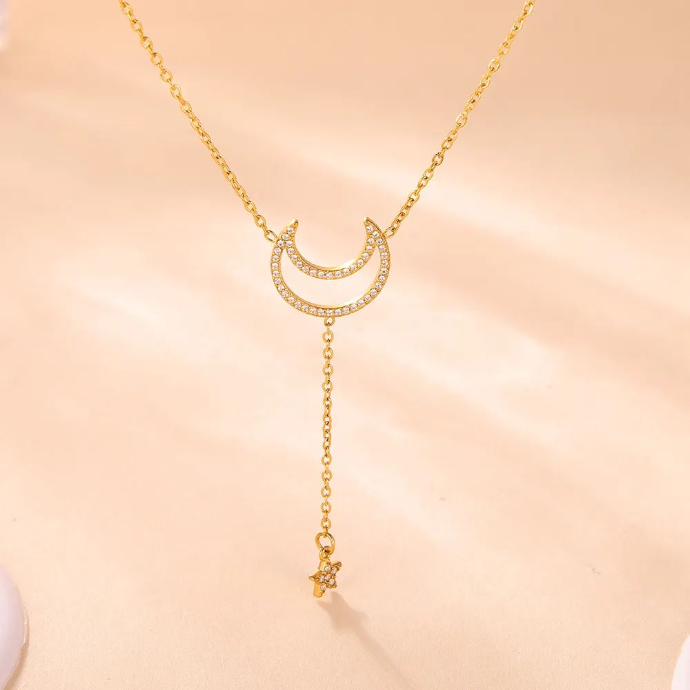 Wholesale Jewelry Elegant Luxurious Vacation Moon Titanium Steel Rhinestones 18K Gold Plated Plating Jewelry Set display picture 11