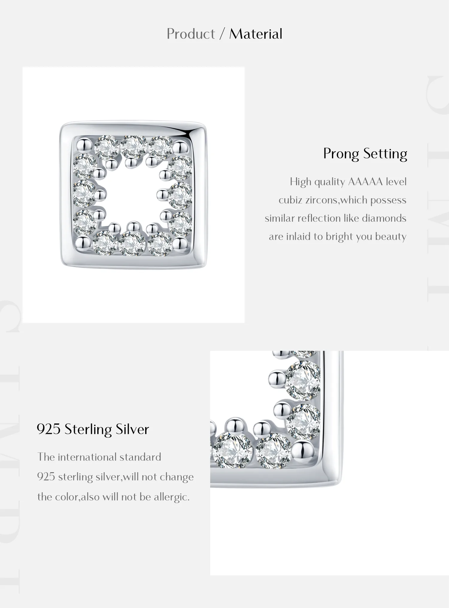 1 Pair Rhodium Plated 925 Sterling Silver Zircon Square Ear Studs display picture 3