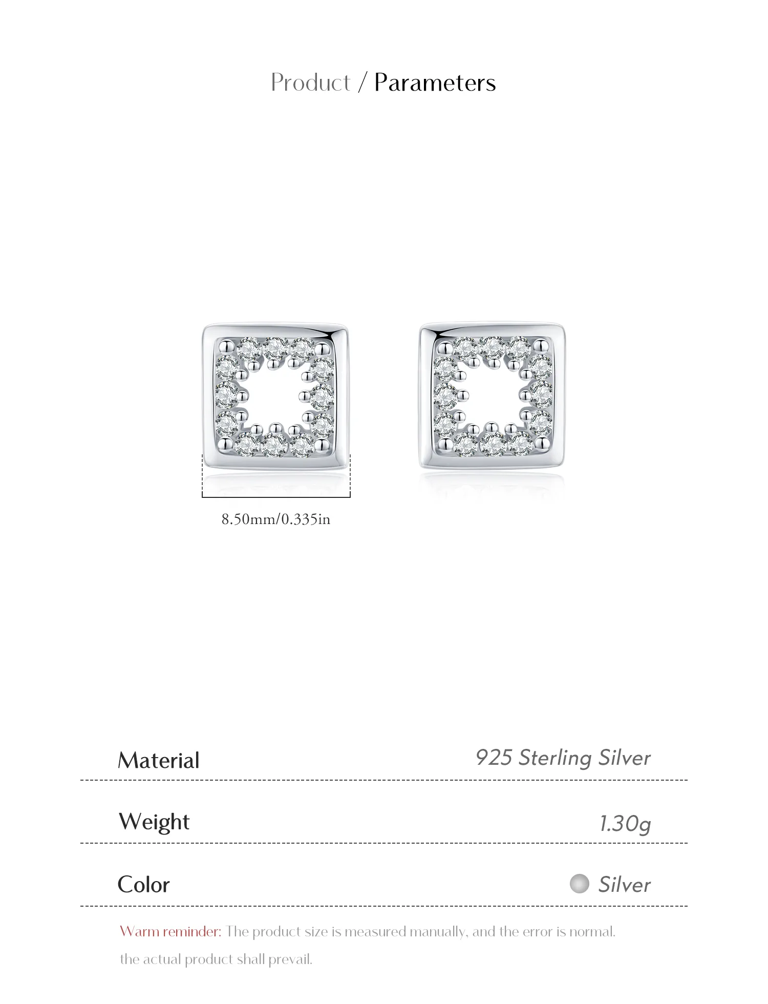 1 Pair Rhodium Plated 925 Sterling Silver Zircon Square Ear Studs display picture 4