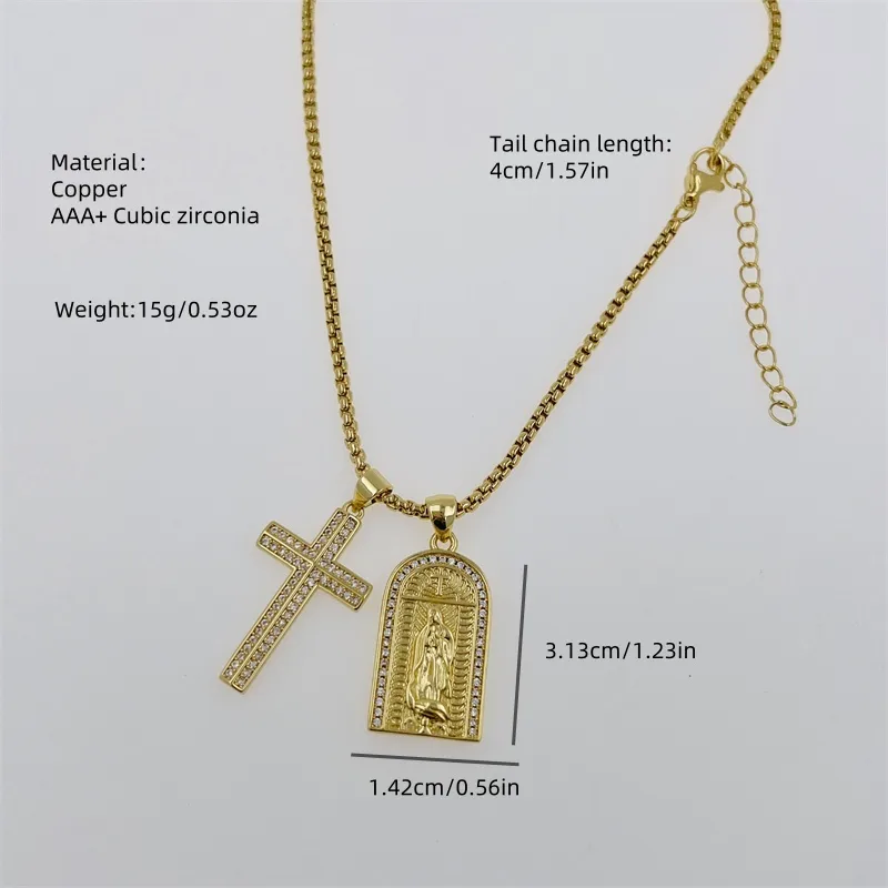 Copper 18K Gold Plated Inlay Portrait Cross Zircon Pendant Necklace display picture 2