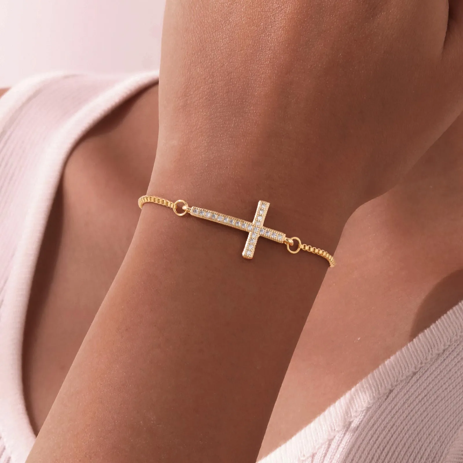 Wholesale Jewelry IG Style Cross Copper Zircon 18K Gold Plated Inlay Bracelets display picture 1