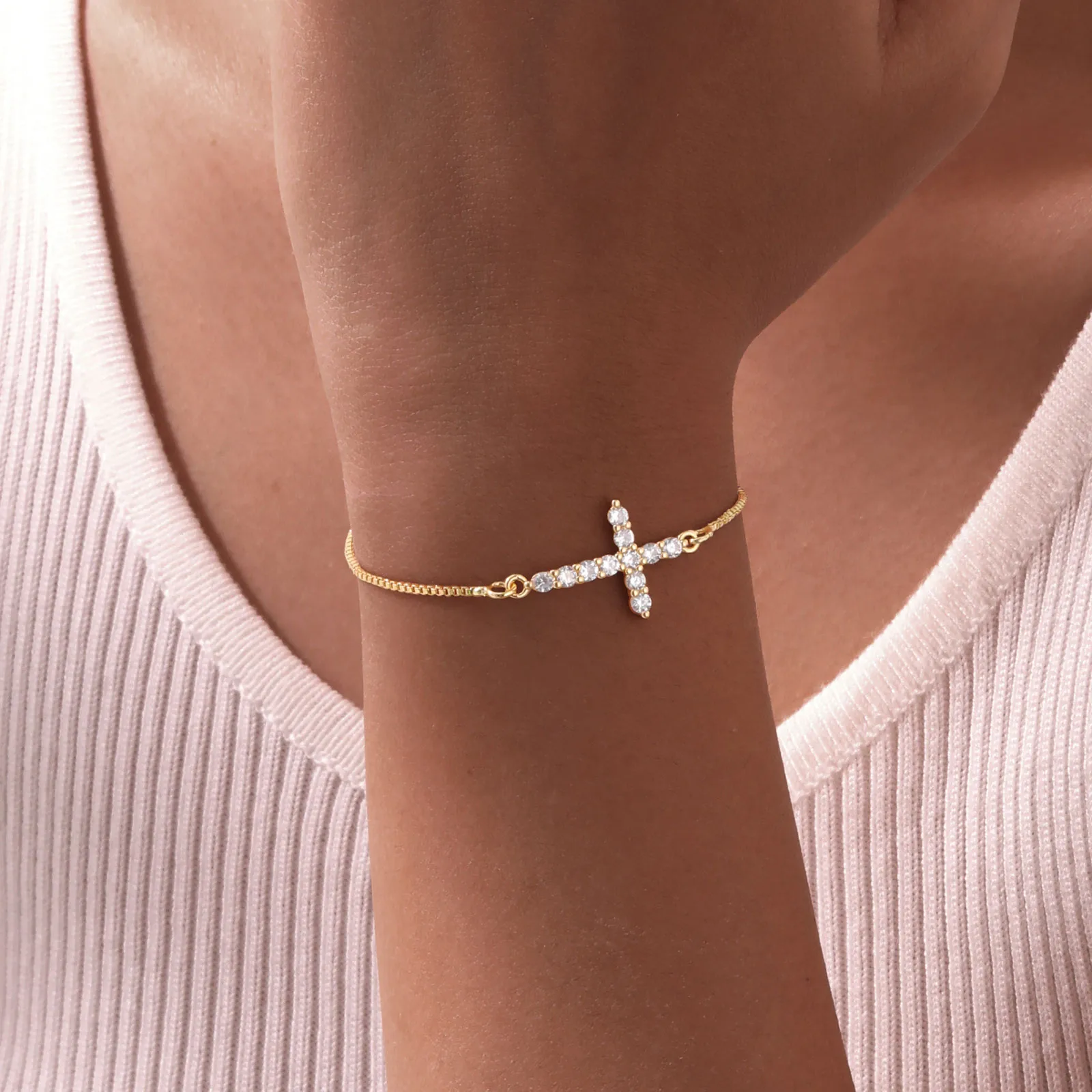 Wholesale Jewelry IG Style Cross Copper Zircon 18K Gold Plated Inlay Bracelets display picture 6