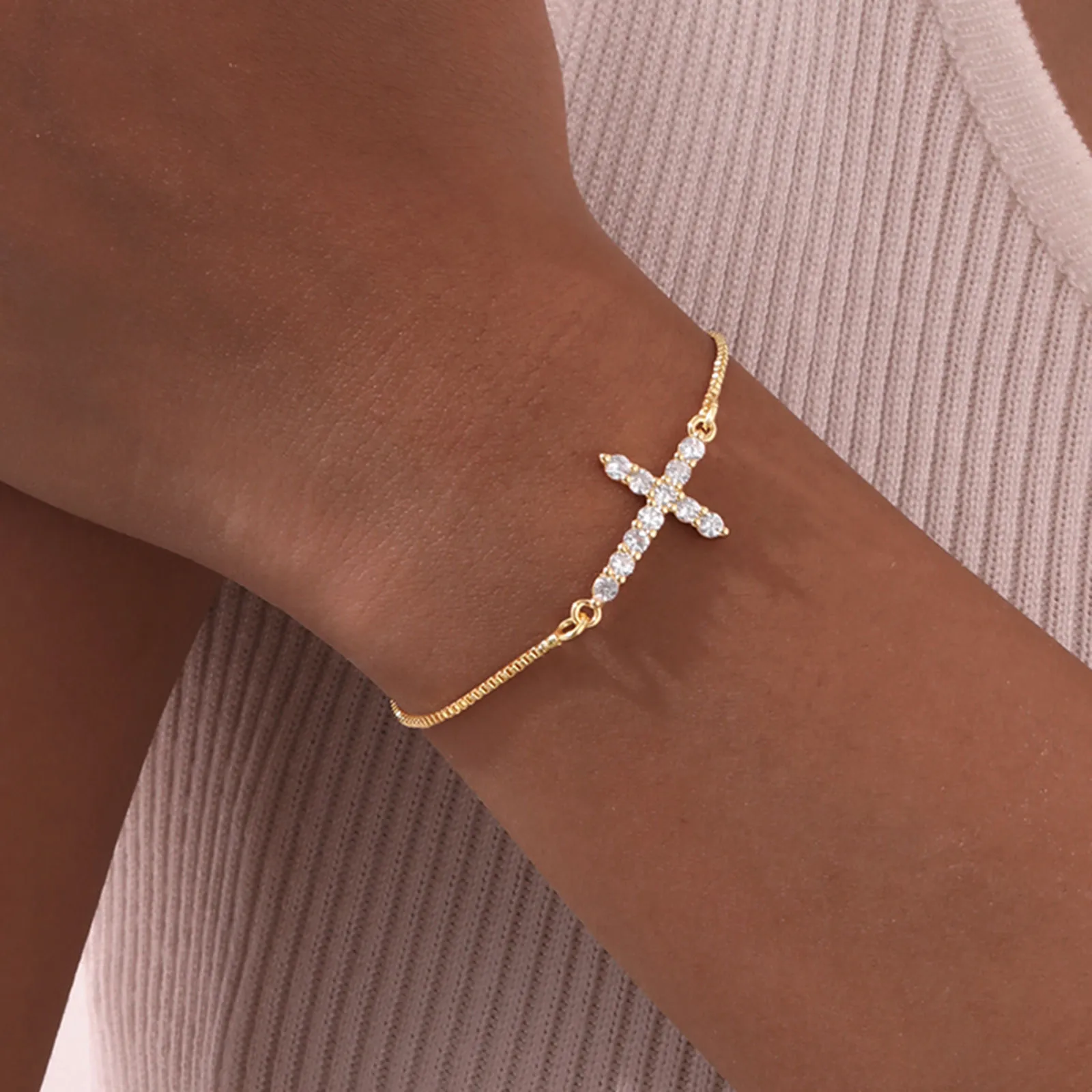 Wholesale Jewelry IG Style Cross Copper Zircon 18K Gold Plated Inlay Bracelets display picture 7