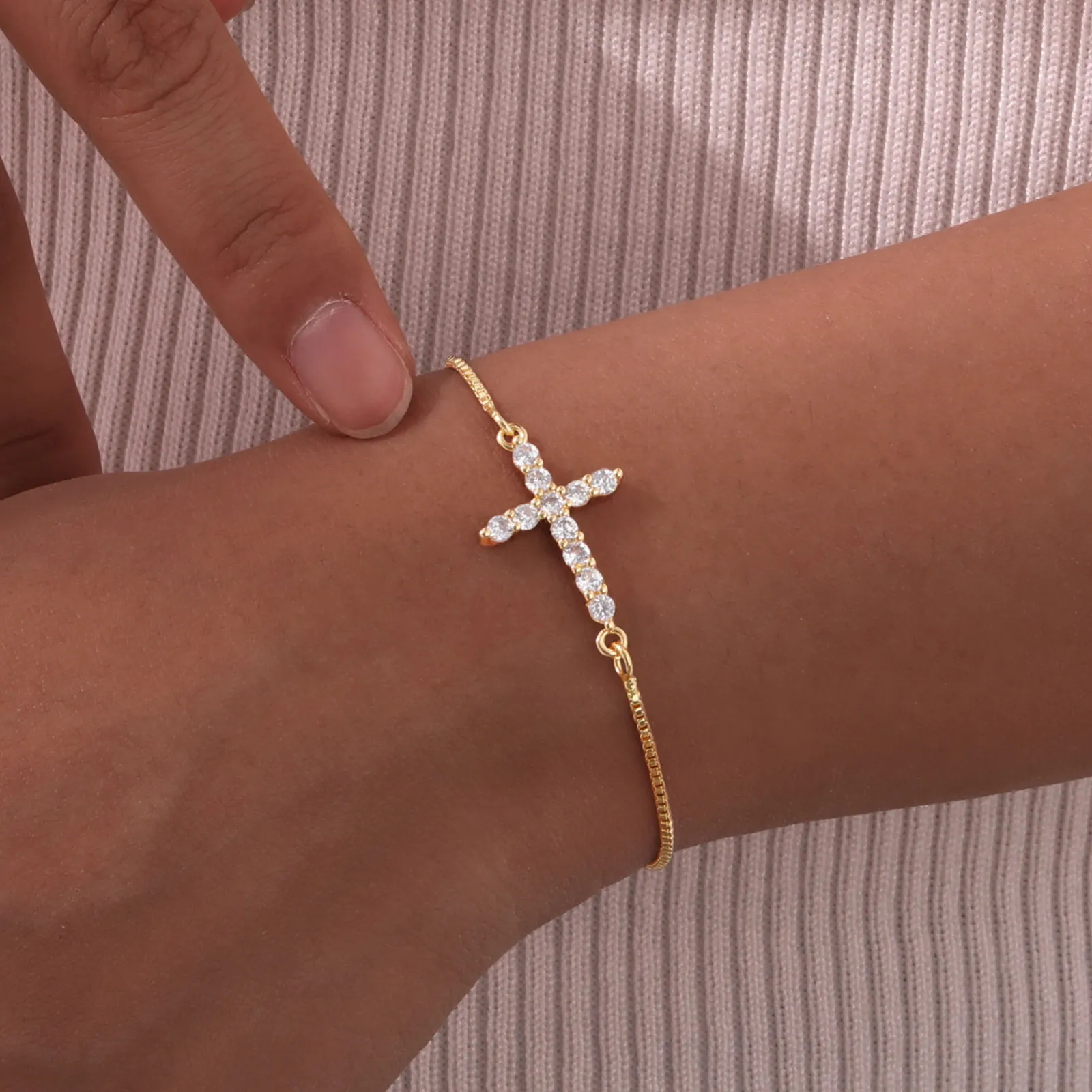 Wholesale Jewelry IG Style Cross Copper Zircon 18K Gold Plated Inlay Bracelets display picture 8