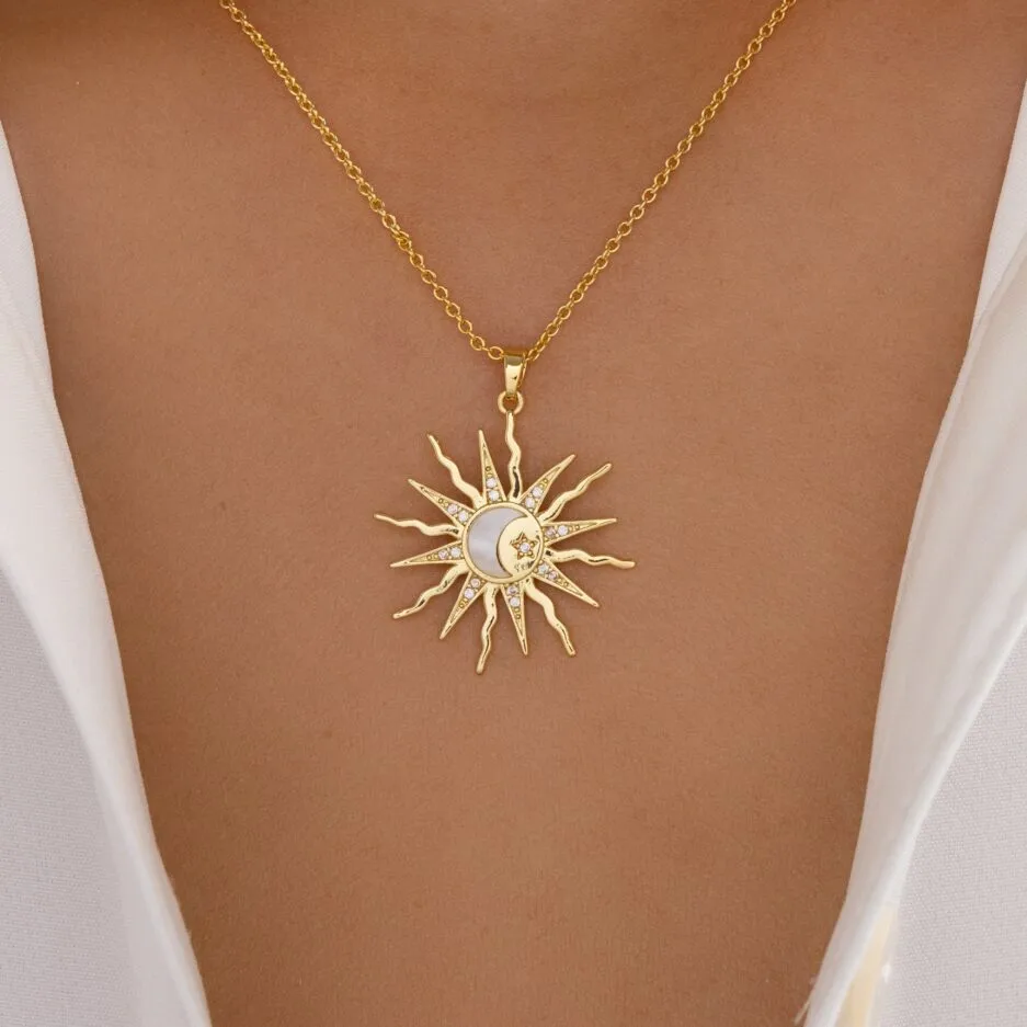 Wholesale Jewelry Simple Style Classic Style Sun Star Moon 304 Stainless Steel Shell Zircon 18K Gold Plated Inlay Pendant Necklace display picture 1