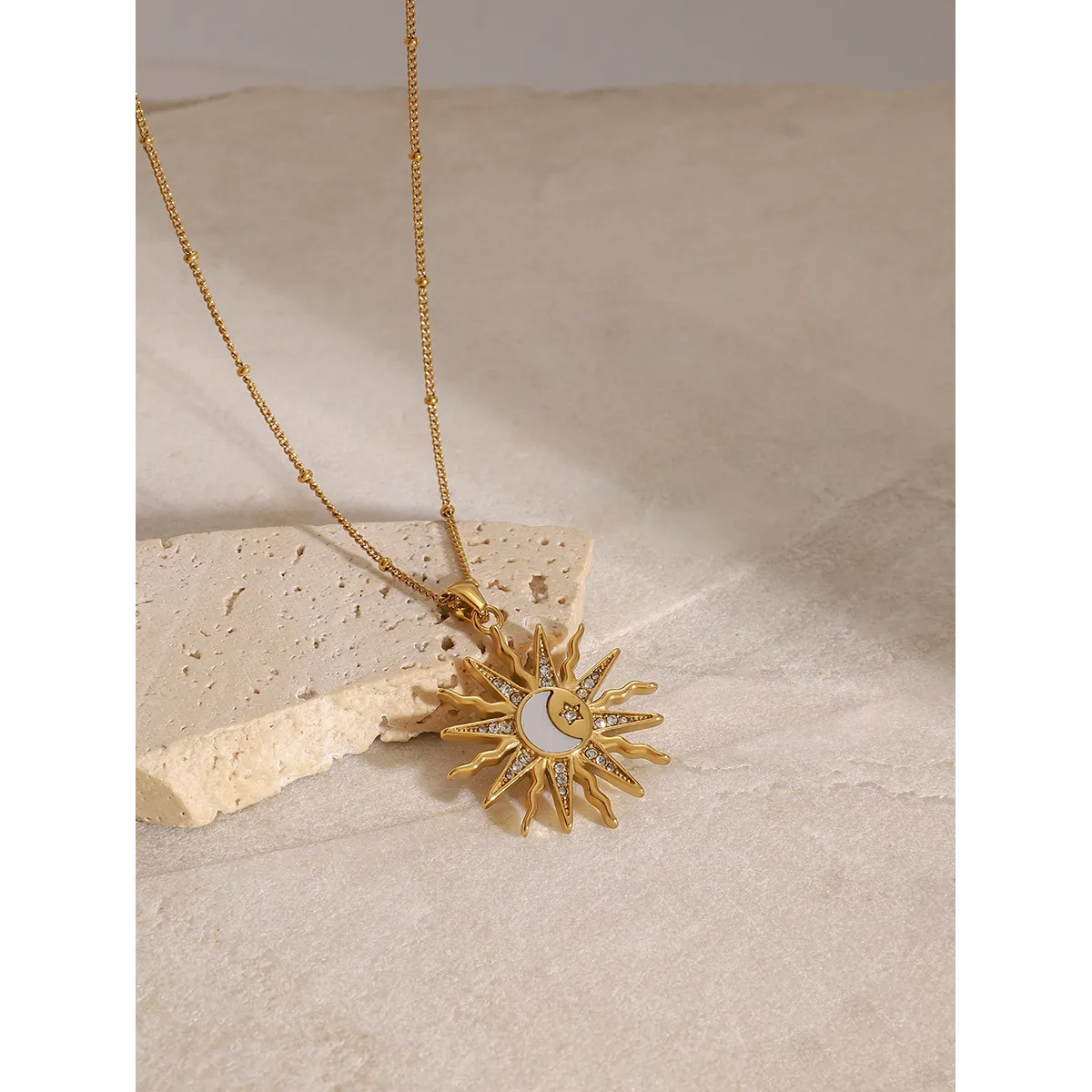 Wholesale Jewelry Simple Style Classic Style Sun Star Moon 304 Stainless Steel Shell Zircon 18K Gold Plated Inlay Pendant Necklace display picture 19