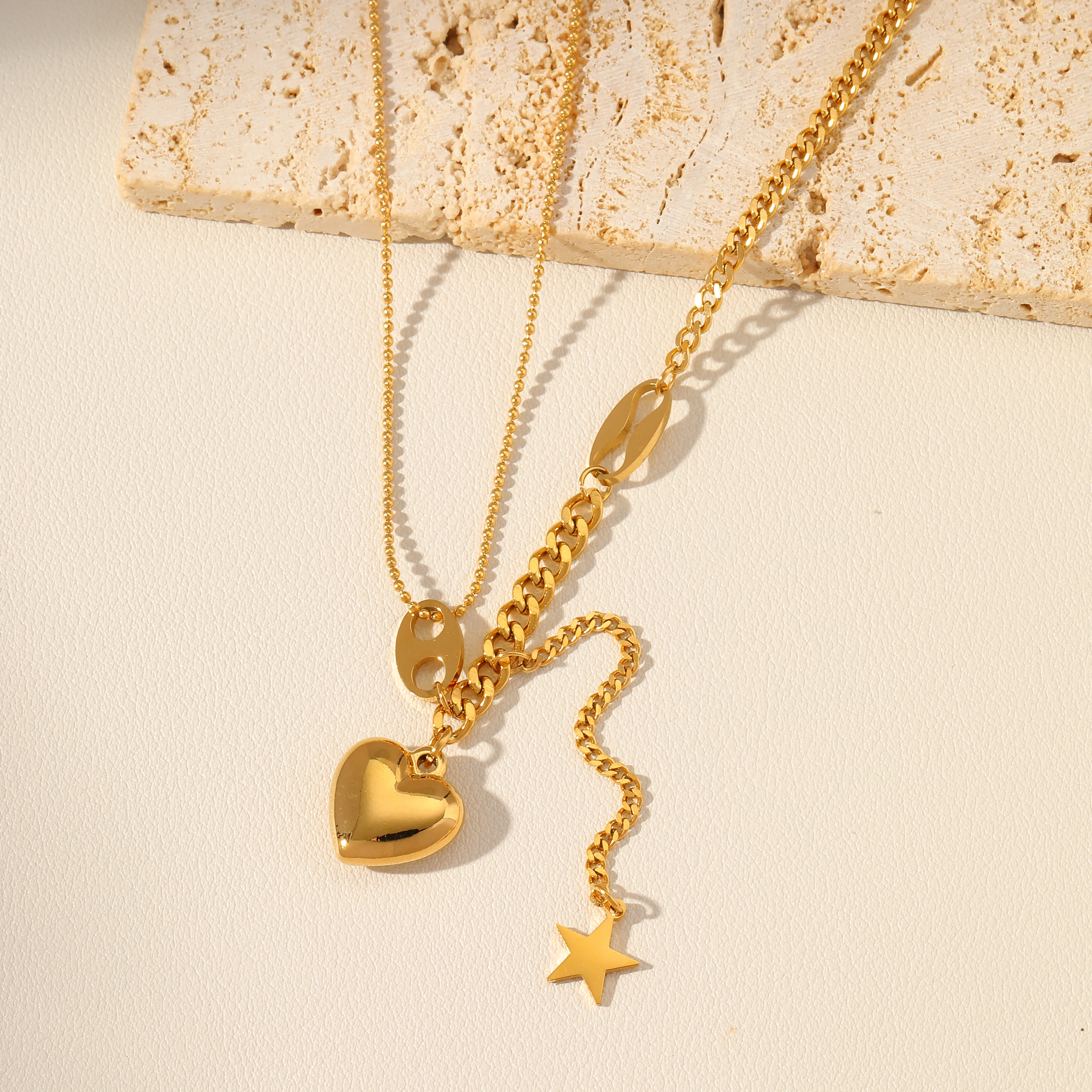 Stainless Steel 18K Gold Plated Vintage Style Splicing Gold Plated Heart Shape No Inlaid Layered Necklaces display picture 1