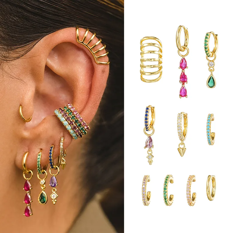 Exaggerated Horse Eye Multi-Diamond Copper-Plated Gold Ear Clip Water Drop Pendant Texture Ear Clip Without Pierced Ears Suit display picture 2