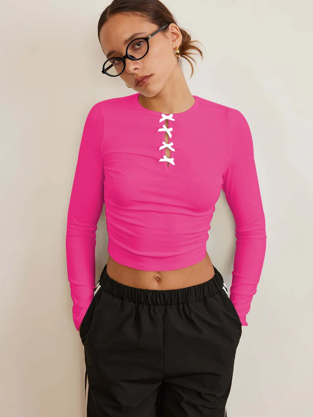 -style New Y2K Sexy Spice Girl Spring And Summer Slim-fit Hollow Bow Decorative Long-sleeved Top T-shirt display picture 10