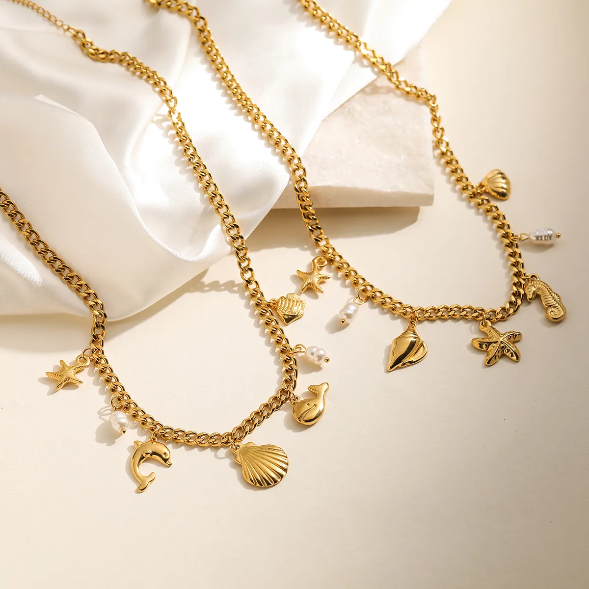 Wholesale Jewelry Retro Vacation Beach Dolphin Hippocampus Shell 304 Stainless Steel Multi Charms Necklace display picture 3