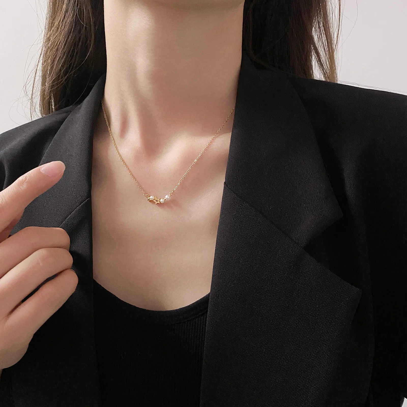 Wholesale Jewelry IG Style Star 304 Stainless Steel Artificial Pearls Moissanite 18K Gold Plated Inlay Necklace display picture 1
