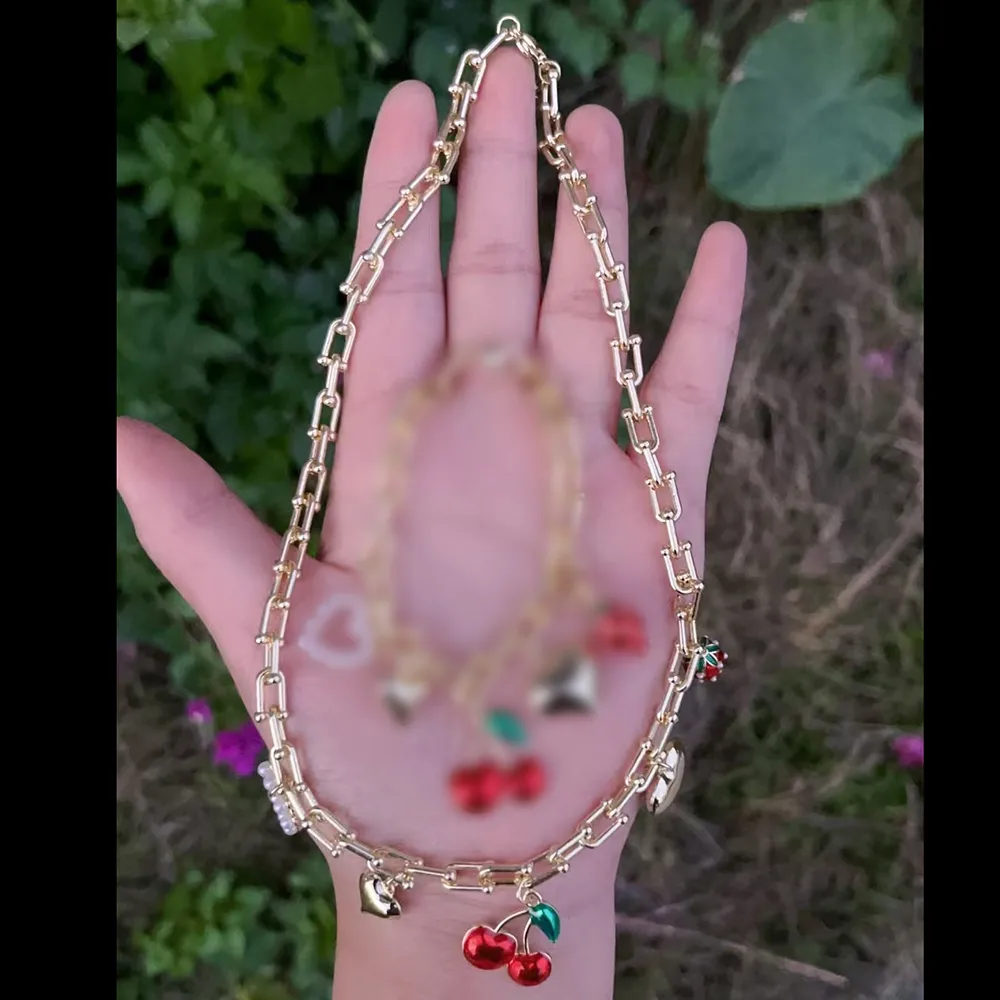 Wholesale Jewelry Casual IG Style Cherry Heart Shape Strawberry Copper Acrylic Imitation Pearl 18K Gold Plated Polishing Enamel Plating Bracelets Necklace Jewelry Set display picture 2
