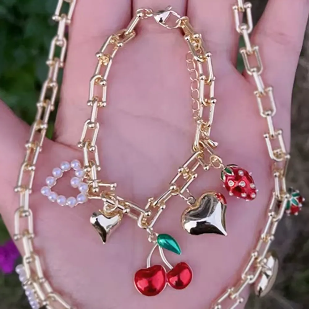 Wholesale Jewelry Casual IG Style Cherry Heart Shape Strawberry Copper Acrylic Imitation Pearl 18K Gold Plated Polishing Enamel Plating Bracelets Necklace Jewelry Set display picture 3