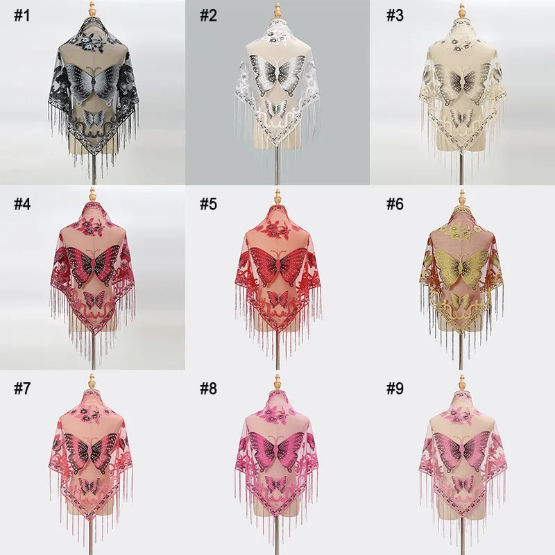 New Tassel Triangle Scarf Solid Color Hollow Lace Butterfly Embroidered Triangle Shawl Scarf For Women display picture 2