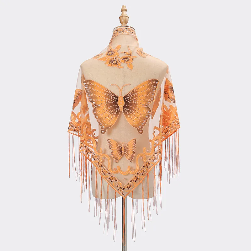 New Tassel Triangle Scarf Solid Color Hollow Lace Butterfly Embroidered Triangle Shawl Scarf For Women display picture 4