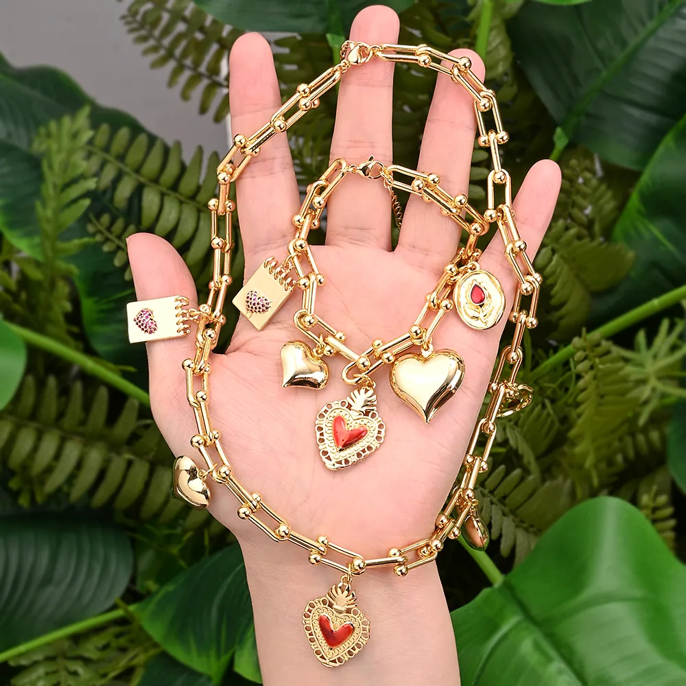Wholesale Jewelry Vintage Style Modern Style IG Style Text Heart Shape Flower Alloy Copper Zircon 18K Gold Plated Polishing Enamel Inlay Bracelets Necklace display picture 1