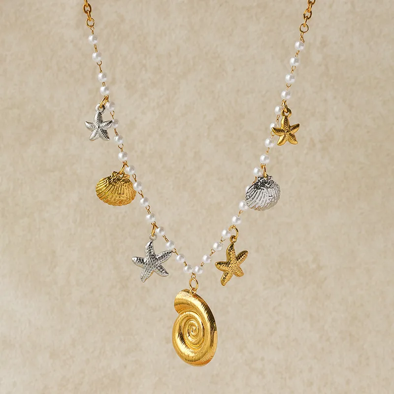Elegant Baroque Style Beach Starfish Conch Shell 304 Stainless Steel Plating Women's Multi Charms Necklace display picture 2