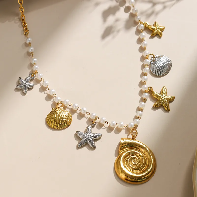 Elegant Baroque Style Beach Starfish Conch Shell 304 Stainless Steel Plating Women's Multi Charms Necklace display picture 1