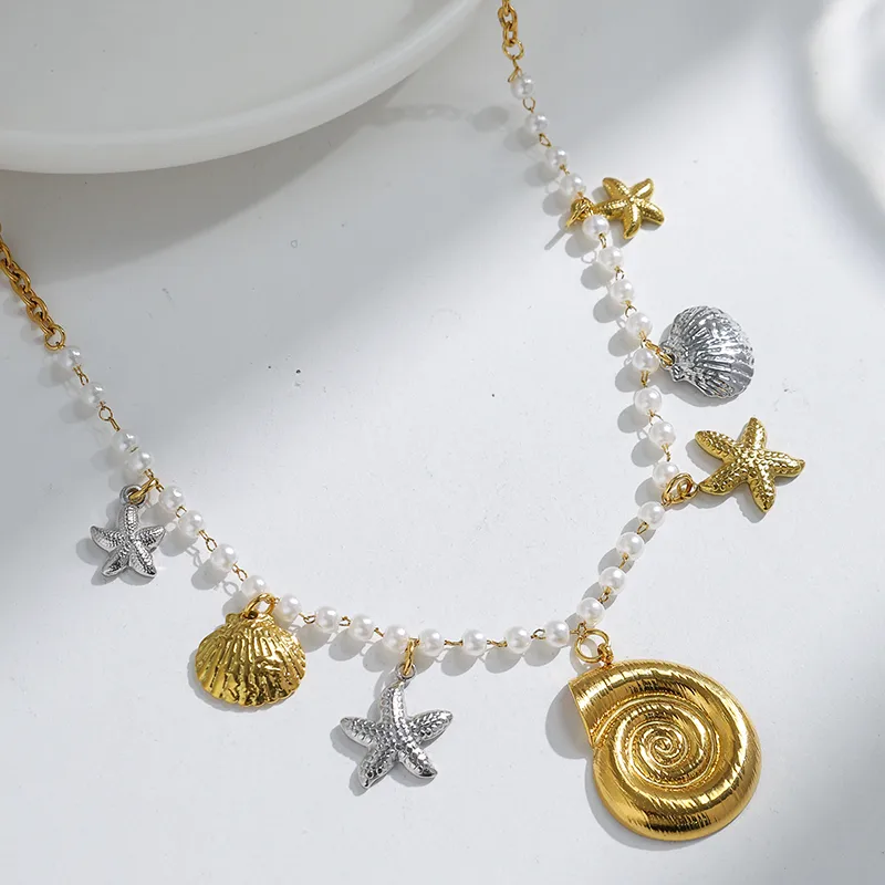 Elegant Baroque Style Beach Starfish Conch Shell 304 Stainless Steel Plating Women's Multi Charms Necklace display picture 3