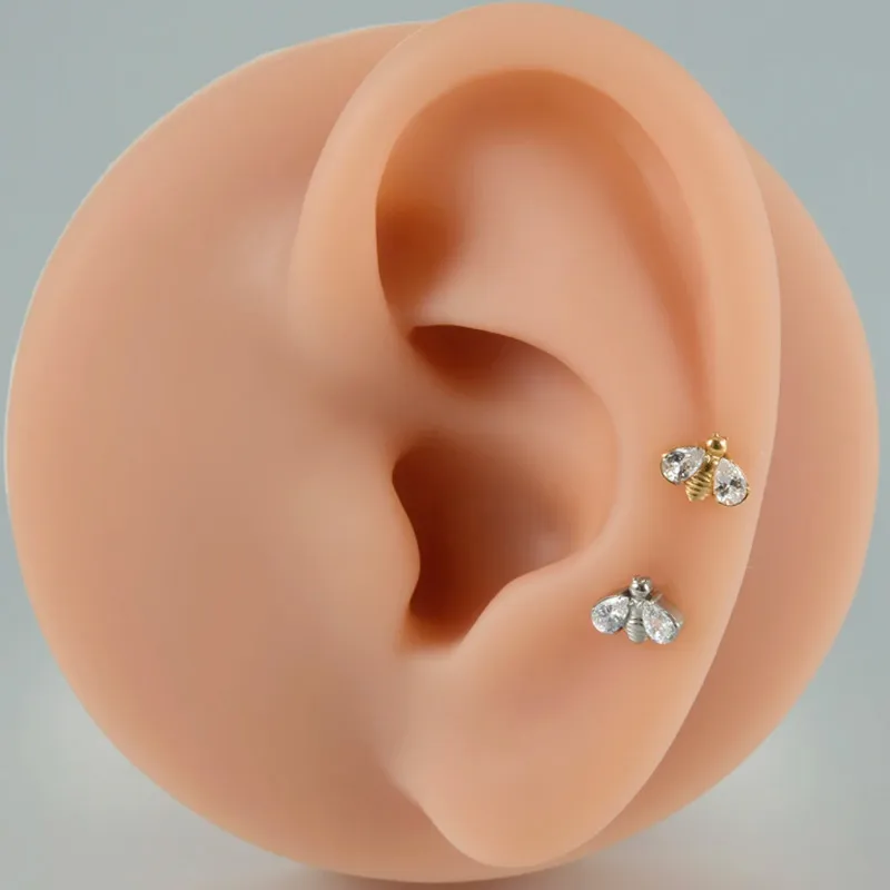 Simple Style Classic Style Flower Bee Titanium Alloy Plating Inlay Zircon 14K Gold Plated White Gold Plated Unisex Lip Stud Ear Studs display picture 4