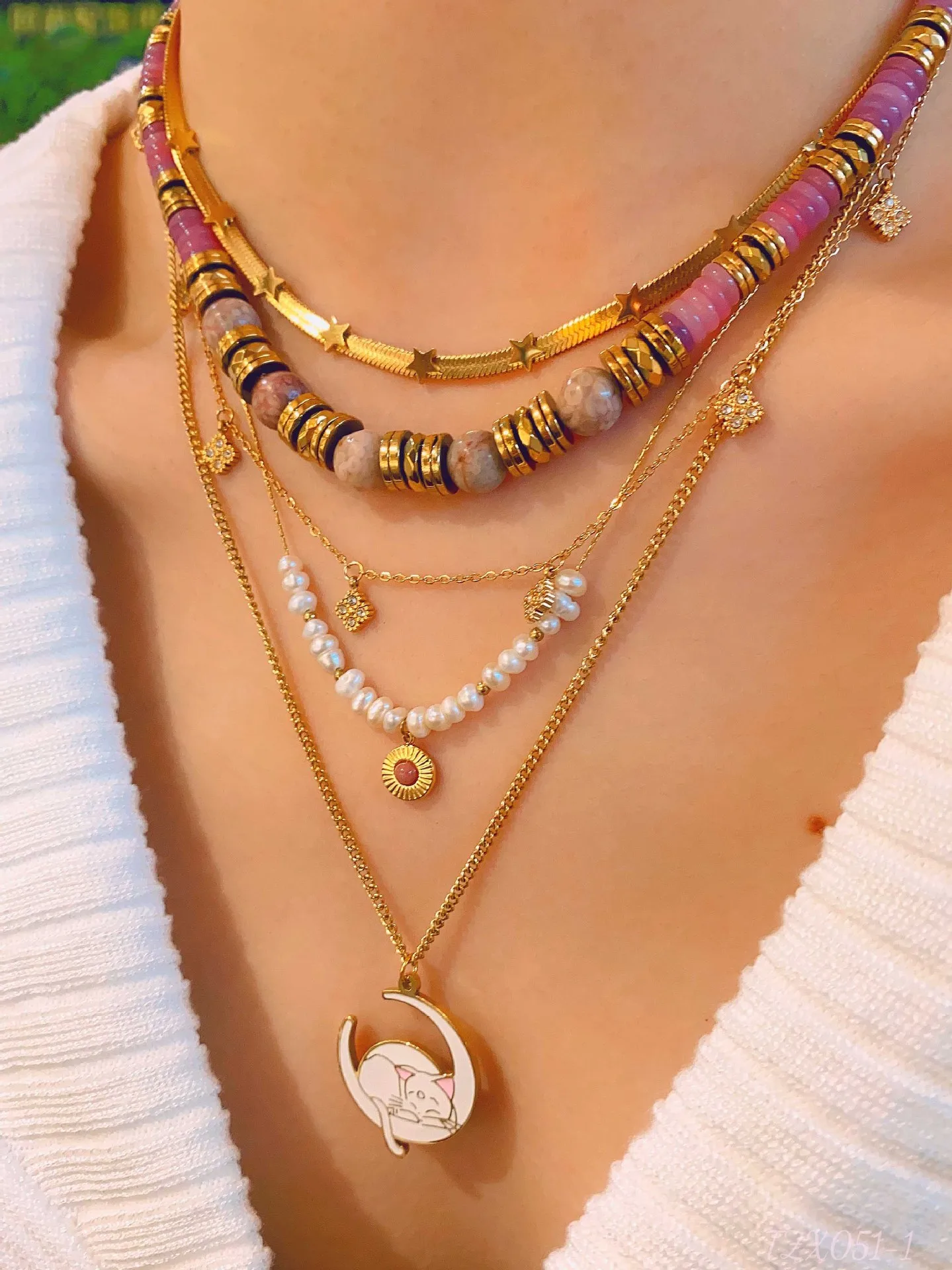 Simple Style Geometric Titanium Steel Beaded Plating Inlay Natural Stone Zircon Women's Necklace display picture 1
