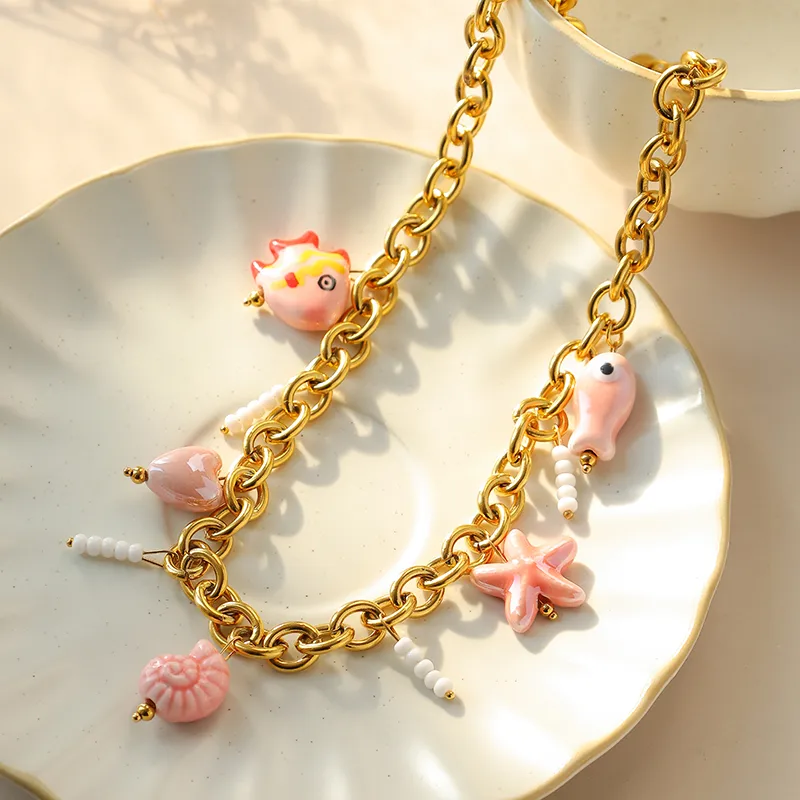 Cartoon Style Cute Beach Starfish Conch Fish 304 Stainless Steel Enamel Pearl 14K Gold Plated Women's Multi Charms Necklace display picture 2