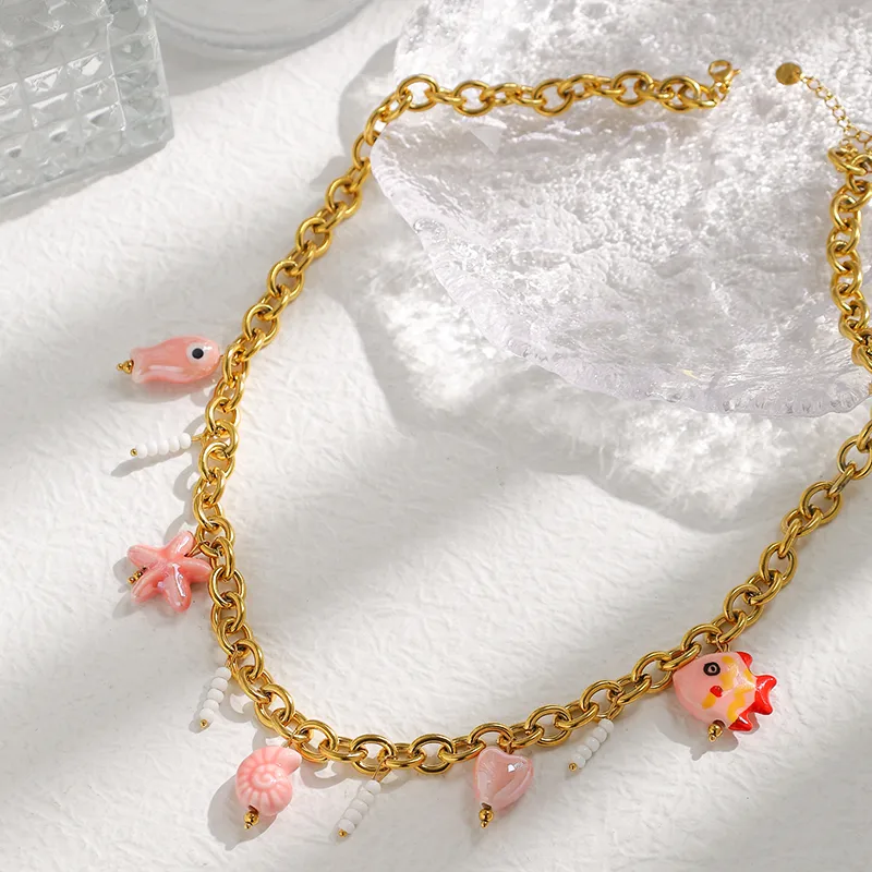 Cartoon Style Cute Beach Starfish Conch Fish 304 Stainless Steel Enamel Pearl 14K Gold Plated Women's Multi Charms Necklace display picture 4