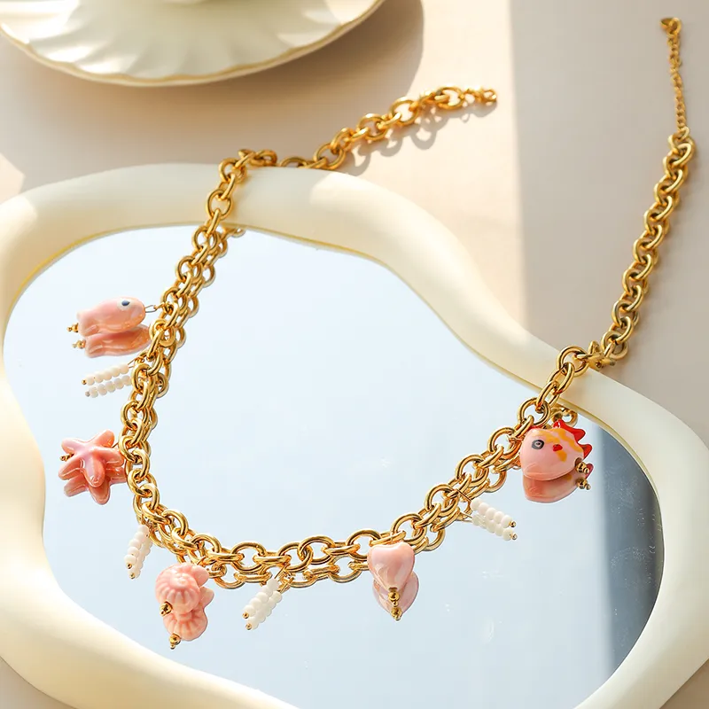 Cartoon Style Cute Beach Starfish Conch Fish 304 Stainless Steel Enamel Pearl 14K Gold Plated Women's Multi Charms Necklace display picture 1