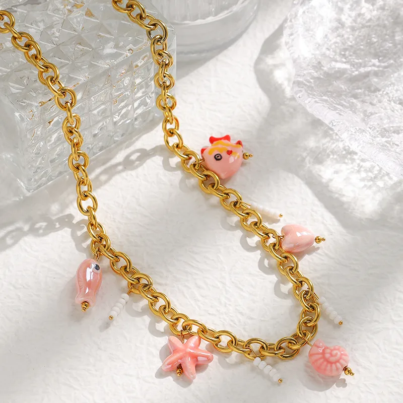 Cartoon Style Cute Beach Starfish Conch Fish 304 Stainless Steel Enamel Pearl 14K Gold Plated Women's Multi Charms Necklace display picture 3