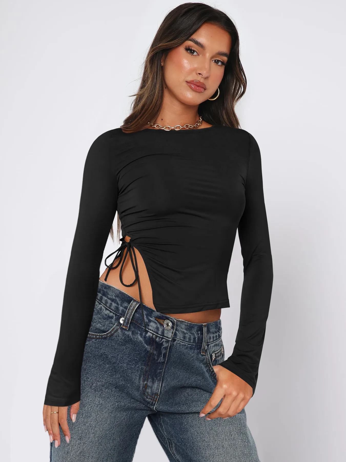 Designed  Sexy Spice Girls Y2K Fashion Women's Clothes Collar Side Drawstring Strap Top T-shirt Autumn And Winter Interior display picture 8