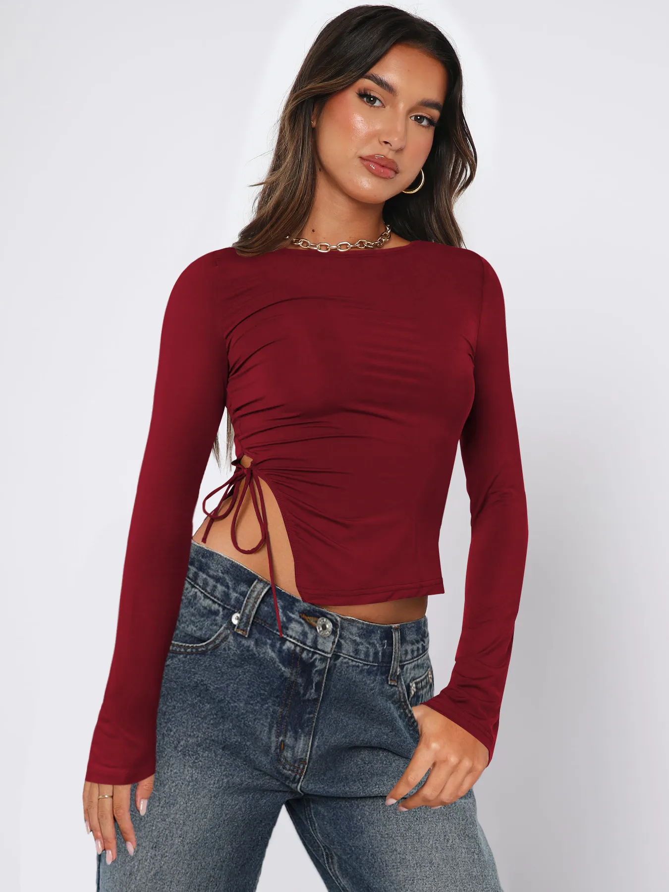 Designed  Sexy Spice Girls Y2K Fashion Women's Clothes Collar Side Drawstring Strap Top T-shirt Autumn And Winter Interior display picture 2