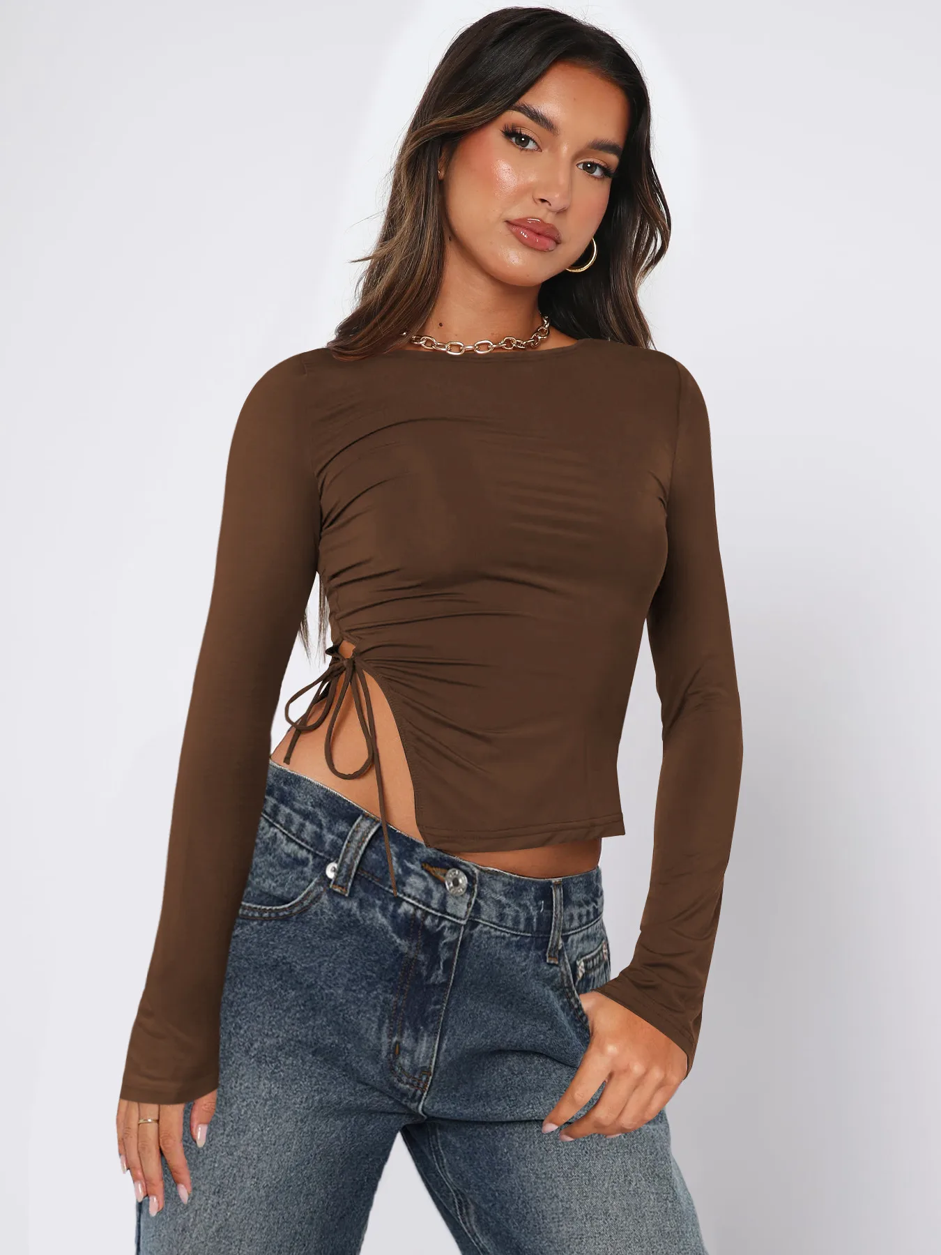Designed  Sexy Spice Girls Y2K Fashion Women's Clothes Collar Side Drawstring Strap Top T-shirt Autumn And Winter Interior display picture 17