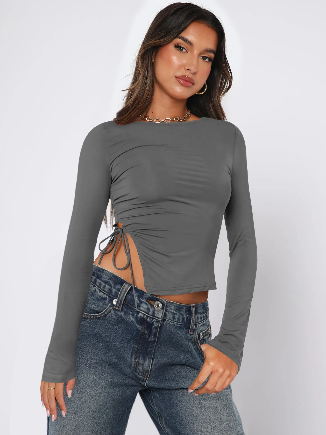 Designed  Sexy Spice Girls Y2K Fashion Women's Clothes Collar Side Drawstring Strap Top T-shirt Autumn And Winter Interior display picture 5