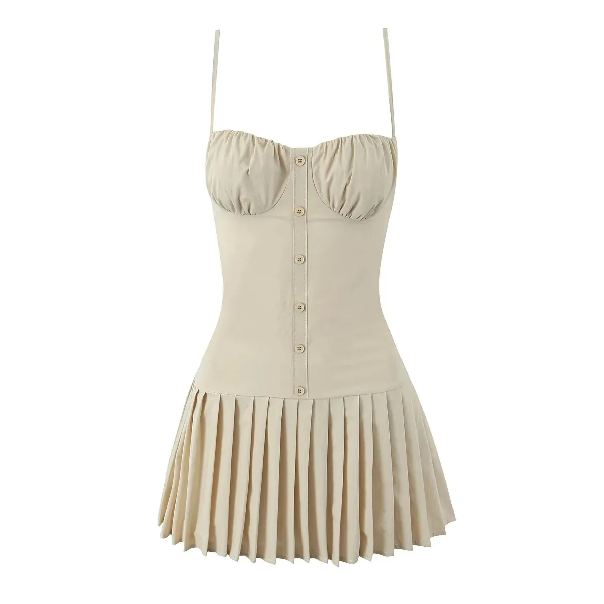 Women's Sheath Dress Elegant Strap Pleated Backless Sleeveless Solid Color Above Knee Holiday display picture 3