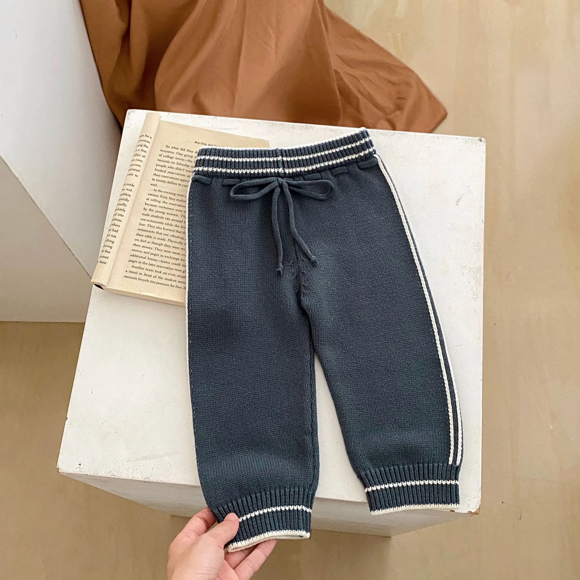 Autumn And Winter Infant Children's Sweater Suit Herringbone Jacquard Knitted Coat + Striped Stitching Knitted Trousers display picture 11