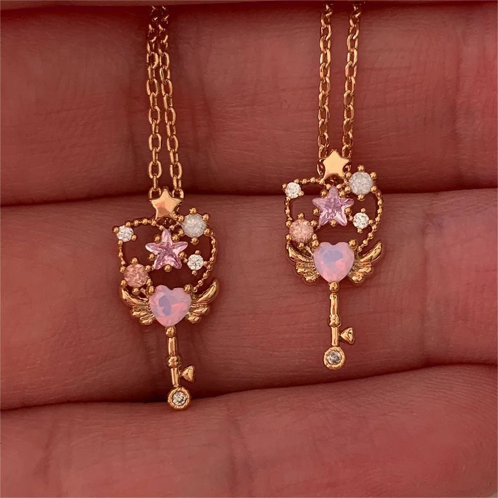 Copper Zircon Streetwear Plating Inlay Heart Shape Wings Key Zircon Pendant Necklace display picture 1