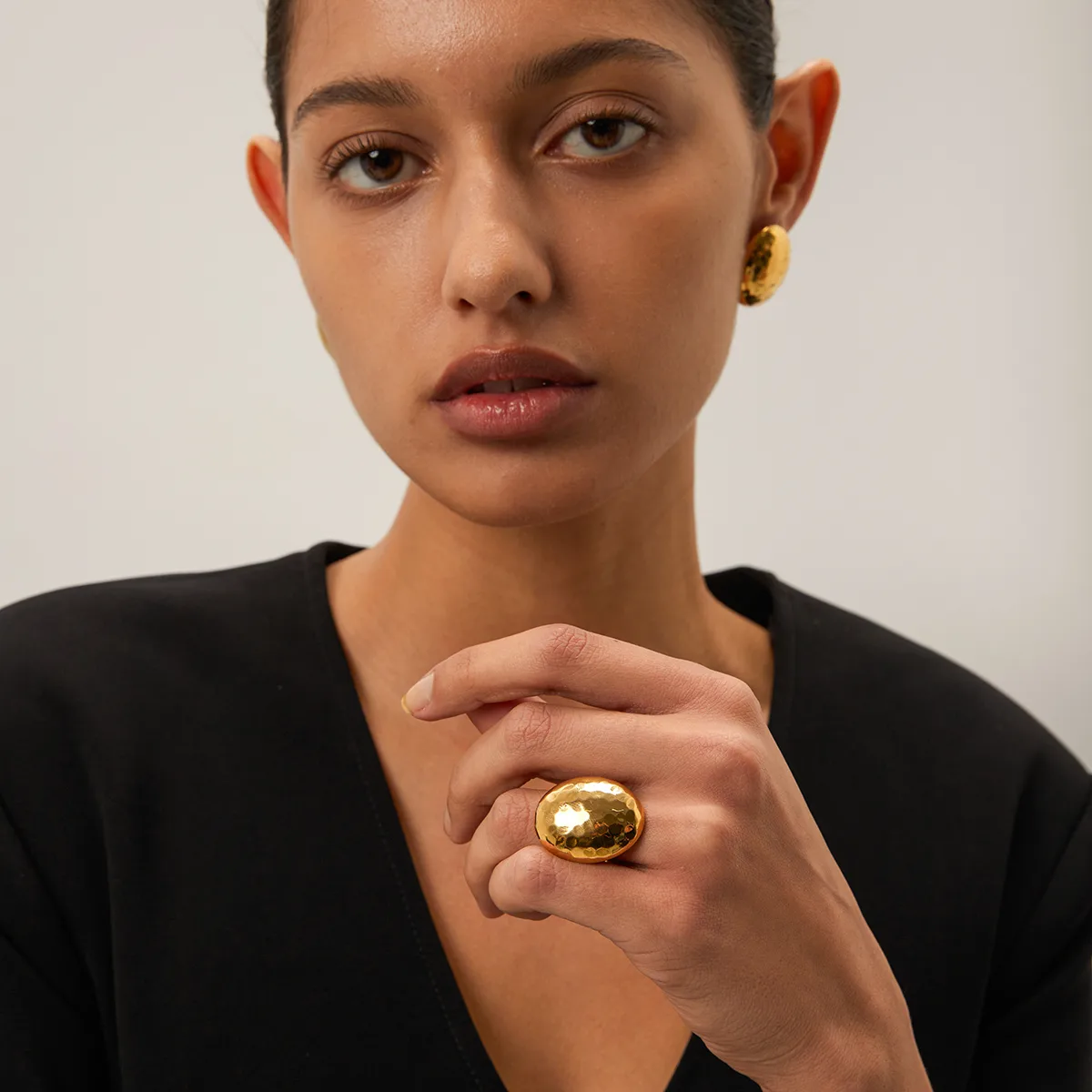 304 Stainless Steel 18K Gold Plated IG Style Hammered Open Rings display picture 1
