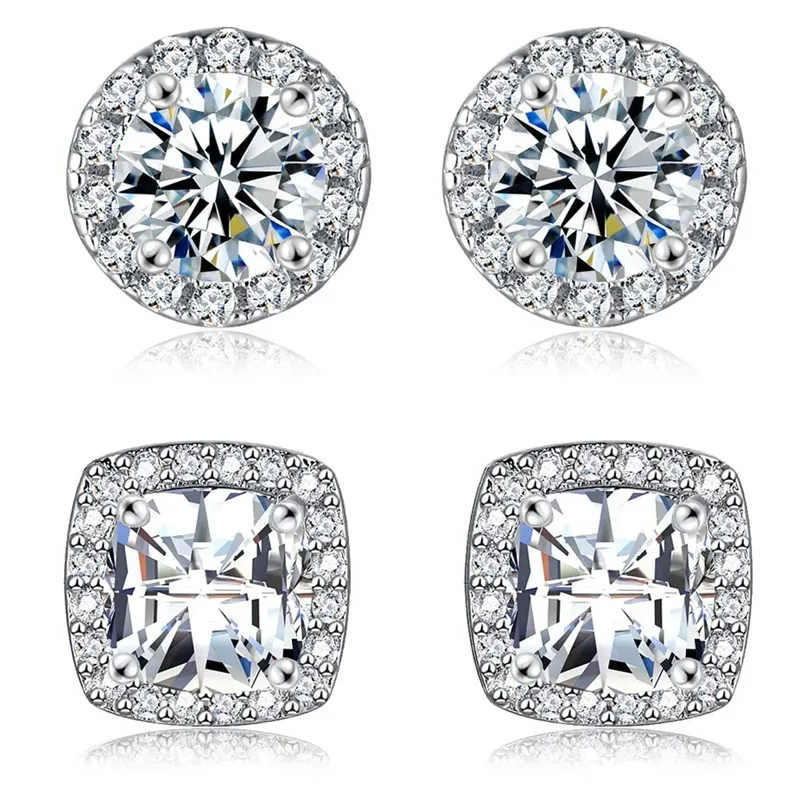 Copper White Gold Plated Simple Style Round Square Inlay Zircon Ear Studs display picture 3