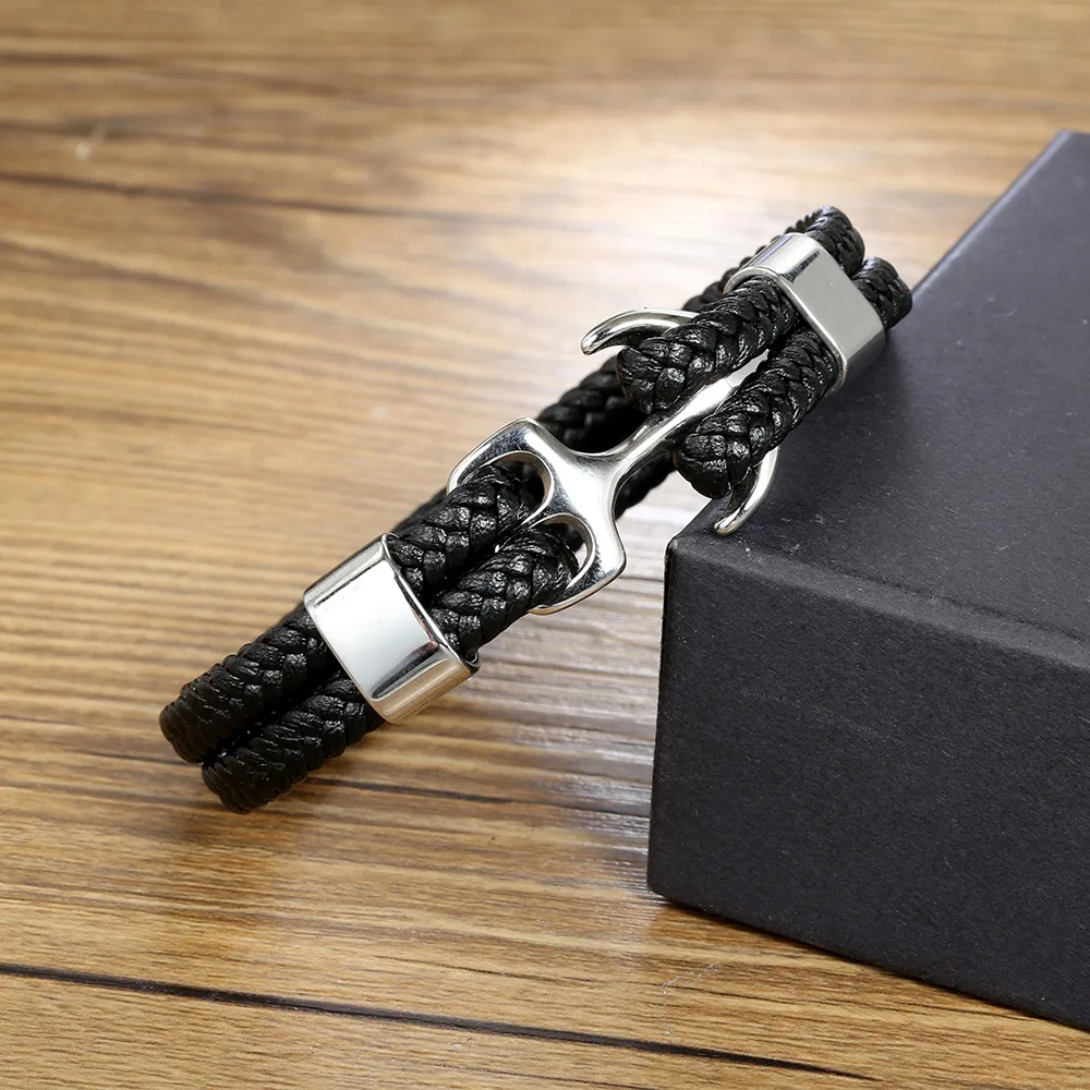 Simple Style Plaid Anchor Stainless Steel Pu Leather Leather Braid None None Couple Wristband display picture 3