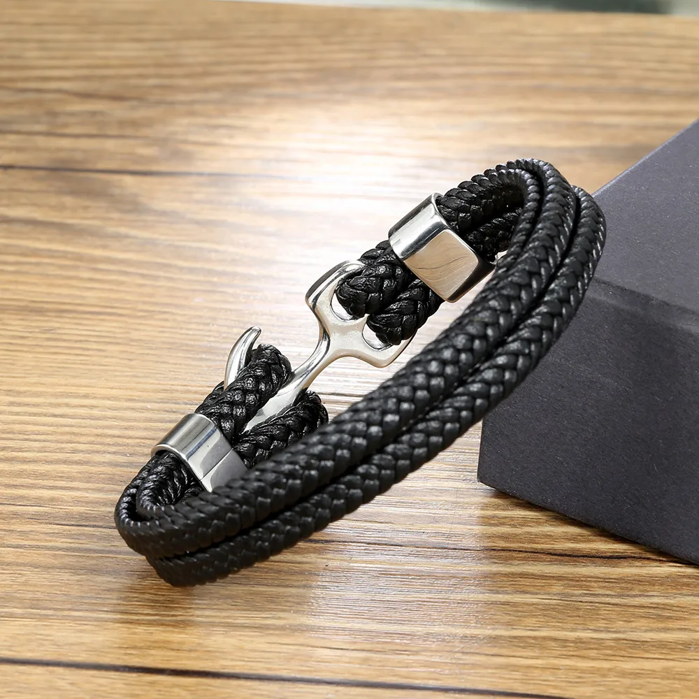 Simple Style Plaid Anchor Stainless Steel Pu Leather Leather Braid None None Couple Wristband display picture 4