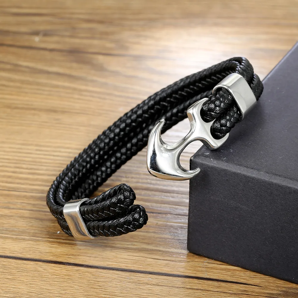 Simple Style Plaid Anchor Stainless Steel Pu Leather Leather Braid None None Couple Wristband display picture 6