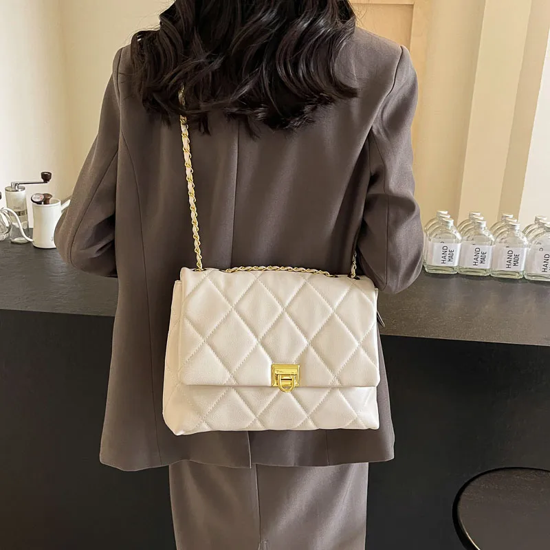 Women's Pu Plaid Solid Color Streetwear Sewing Thread Chain Lock Clasp Crossbody Bag display picture 2