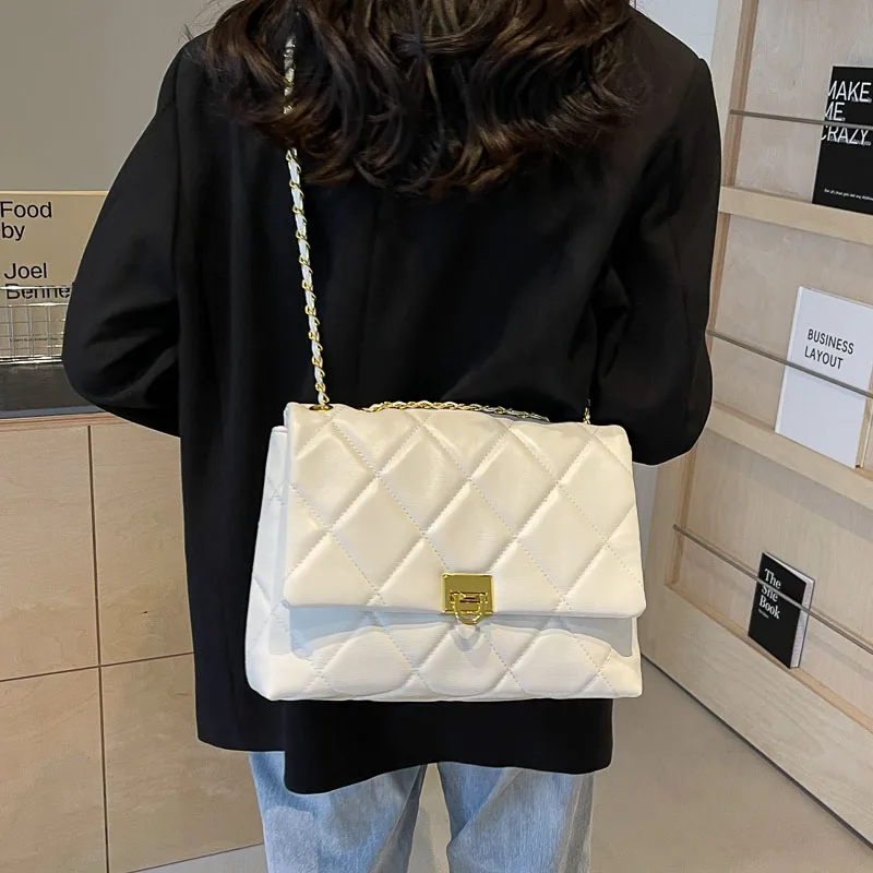 Women's Pu Plaid Solid Color Streetwear Sewing Thread Chain Lock Clasp Crossbody Bag display picture 3