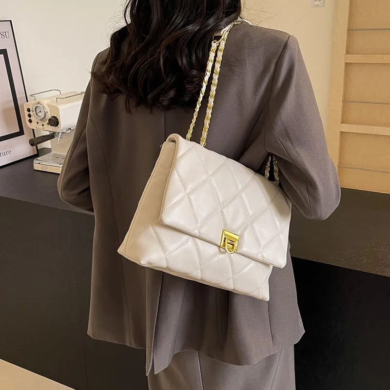 Women's Pu Plaid Solid Color Streetwear Sewing Thread Chain Lock Clasp Crossbody Bag display picture 9