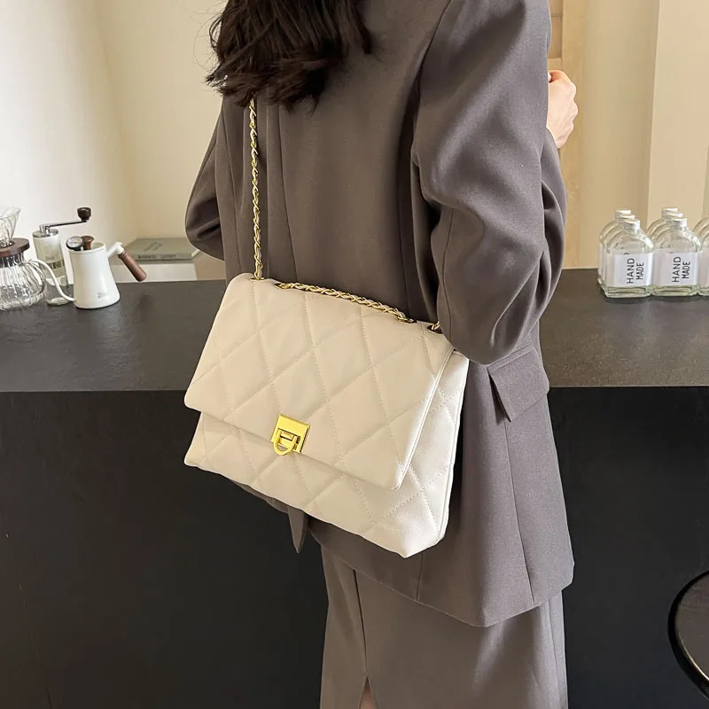 Women's Pu Plaid Solid Color Streetwear Sewing Thread Chain Lock Clasp Crossbody Bag display picture 12