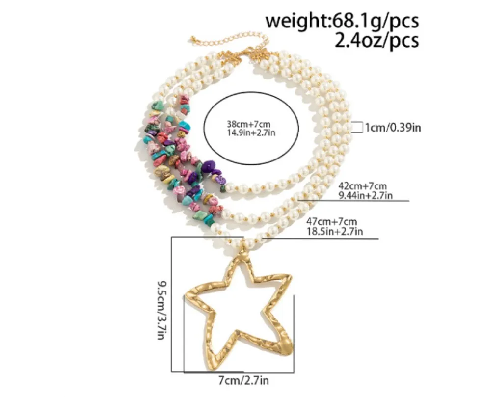 Retro Ethnic Style Star Artificial Pearl Alloy Turquoise Beaded Women's Three Layer Necklace display picture 4