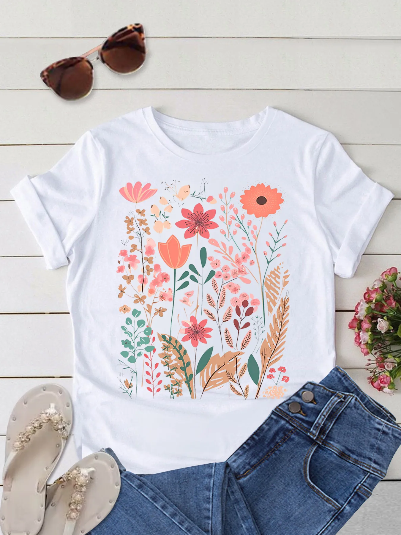 Women's T-shirt Short Sleeve T-Shirts Printing Streetwear Flower display picture 1