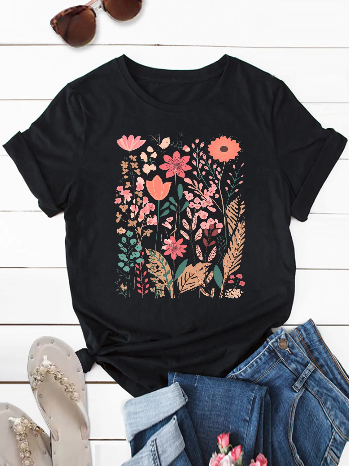 Women's T-shirt Short Sleeve T-Shirts Printing Streetwear Flower display picture 2