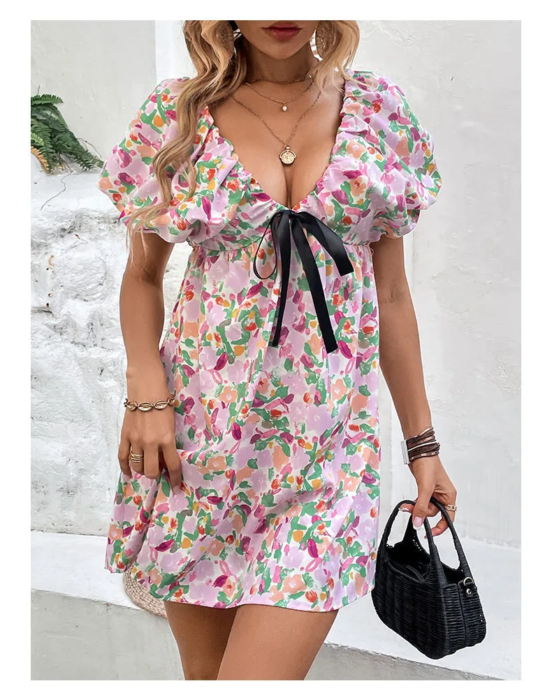 Women's Regular Dress Vacation V Neck Printing Short Sleeve Ditsy Floral Above Knee Holiday Daily Beach display picture 3